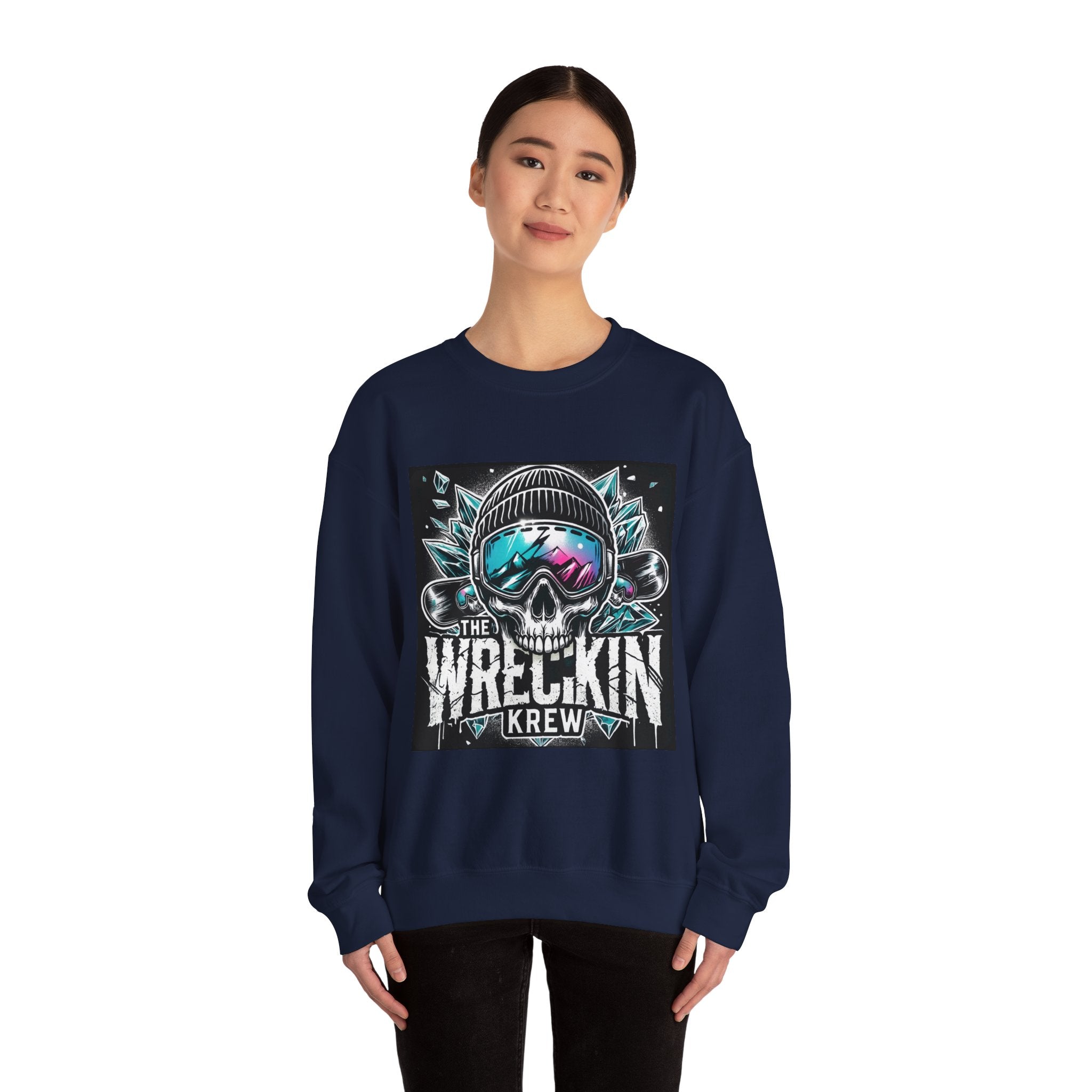 Crewneck Sweatshirt — "The Wreckin Krew" Skull Ski/Snowboard Graphic