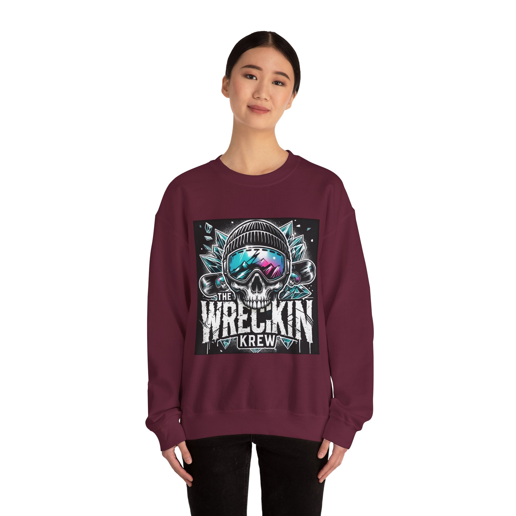 Crewneck Sweatshirt — "The Wreckin Krew" Skull Ski/Snowboard Graphic
